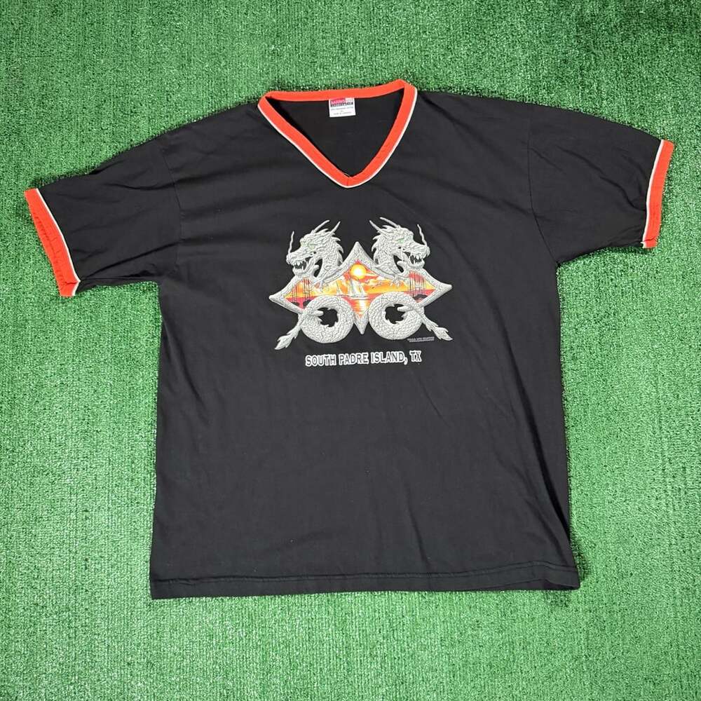 Y2K Season's Best South Padre Island Texas Dragon V-Neck Ringer T-Shirt XL Black